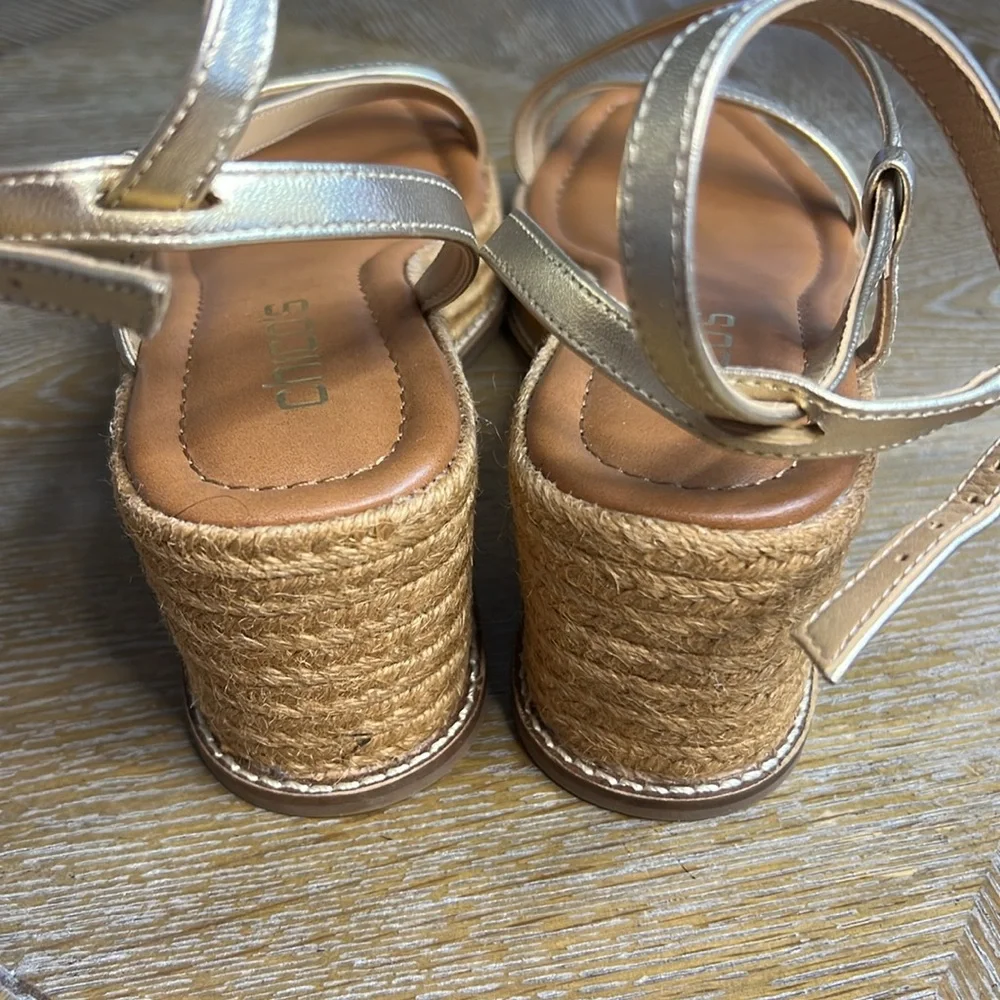 CHICO’S Gold Strap Espadrille Wedge 8